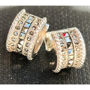 Vintage Sterling Silver and Marcasite Judith Jack Huggie Hoop Earrings READ